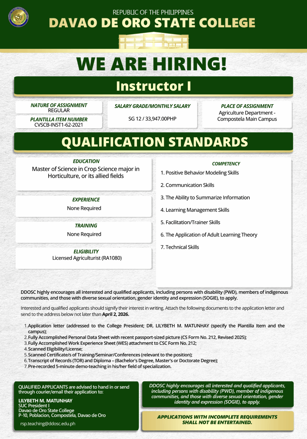 Davao de Oro State College announces the opening for one (1) Instructor ...